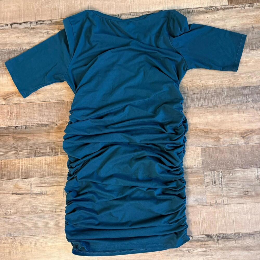 Mother Bee Blue/green midi Ruched Bodycon Dress Maternity M baby shower wedding - Picture 6 of 8